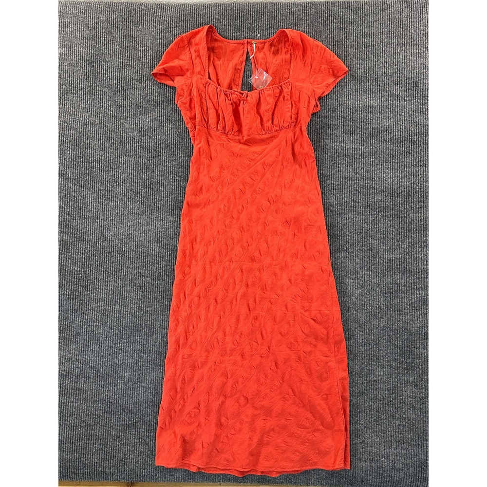 Free People Midi Dress Medium Orange Cotton Textured Cap Sleeve Ruched Bust NWOT